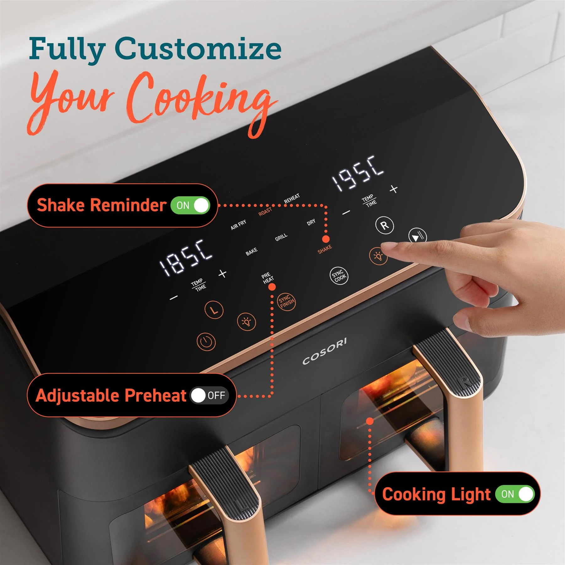 COSORI Dual Basket 8.5 Litre Air Fryer - Golden - Image 6