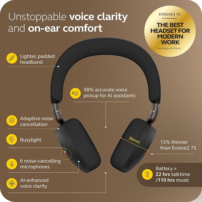 Jabra Evolve3 75 UC Stereo, Link 390 USB-C, Black - Image 7
