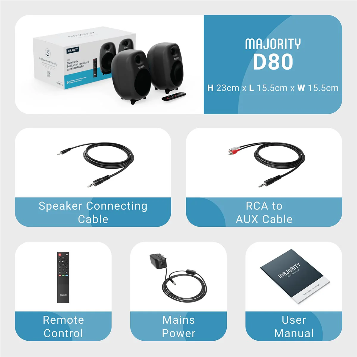 Majority D80 Bookshelf Speakers 80W HDMI ARC USB AUX OPT SPK OUT Remote Control 3.5mm - Image 4