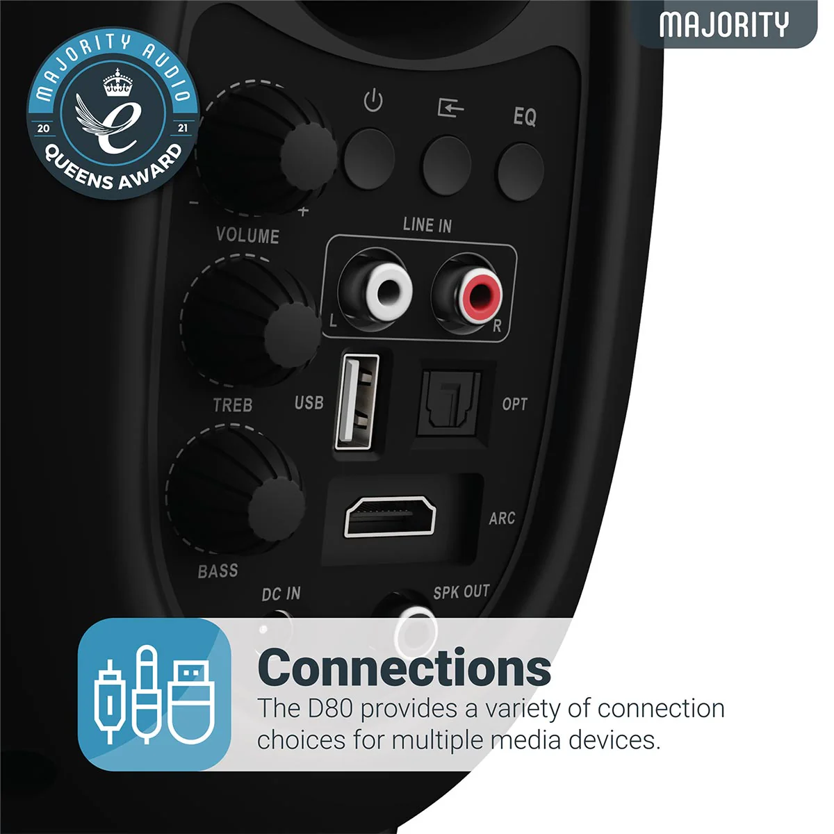 Majority D80 Bookshelf Speakers 80W HDMI ARC USB AUX OPT SPK OUT Remote Control 3.5mm - Image 5