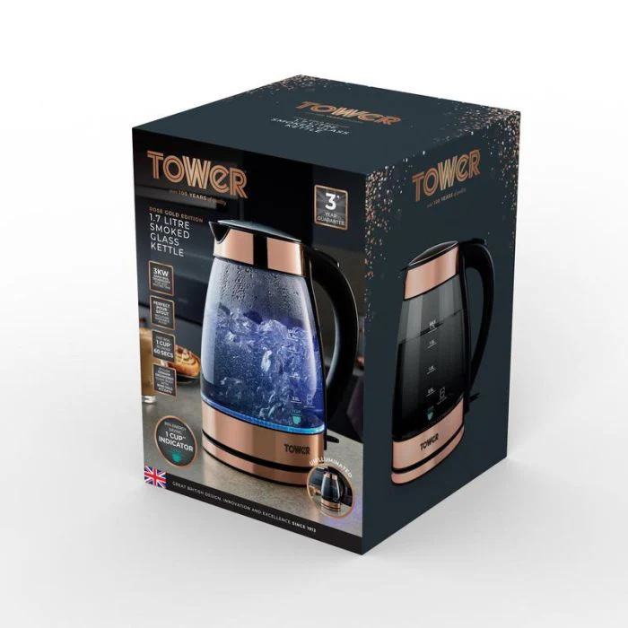 Tower 3KW 1.7L Smoked Glass Kettle in Rose Gold - Image 8