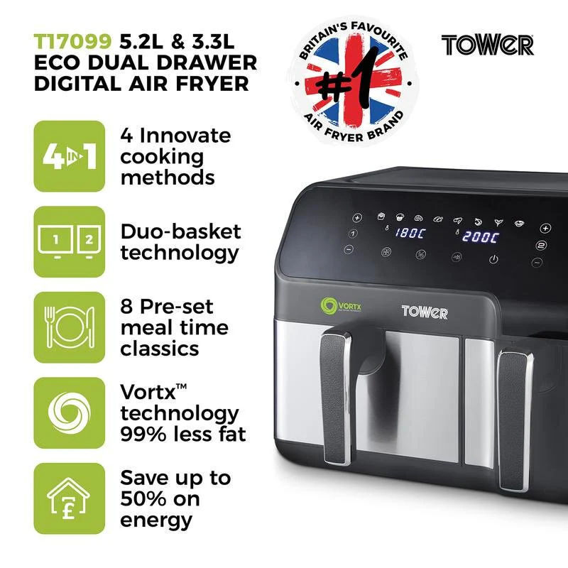 Tower Vortx Eco Duo Basket Air Fryer Grey Digital 5.2L + 3.3L - Image 2
